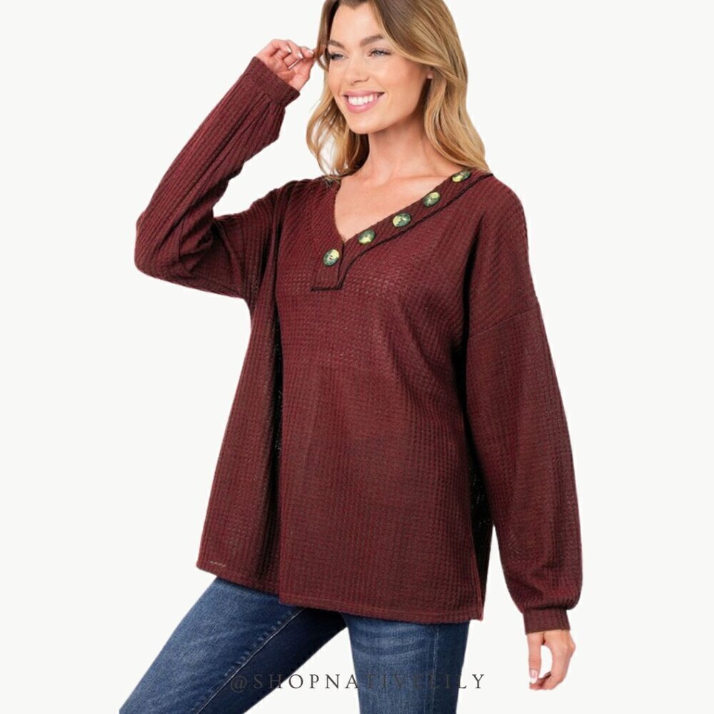 Zenana Brushed Waffle V Neck Button Sweater Size Medium Dark Burgundy Cozy NWT